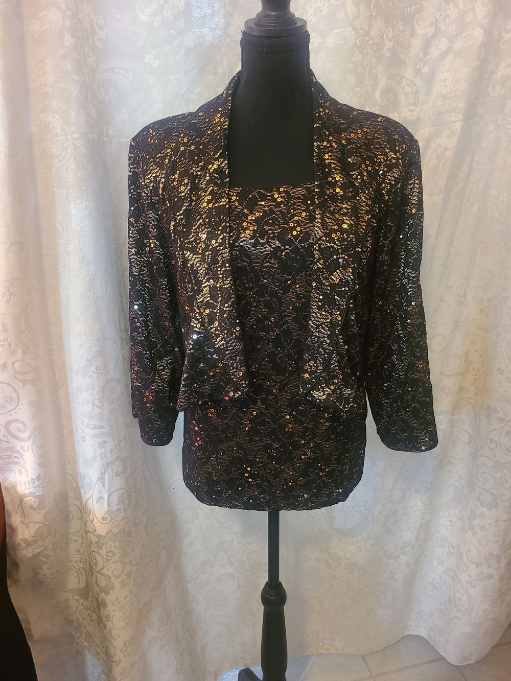 R&M Richards Black Sequin Lace Evening Jacket and Shell Set